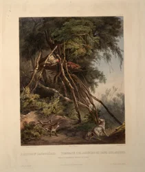 Gräber der Assiniboin-Indianer auf Bäumen